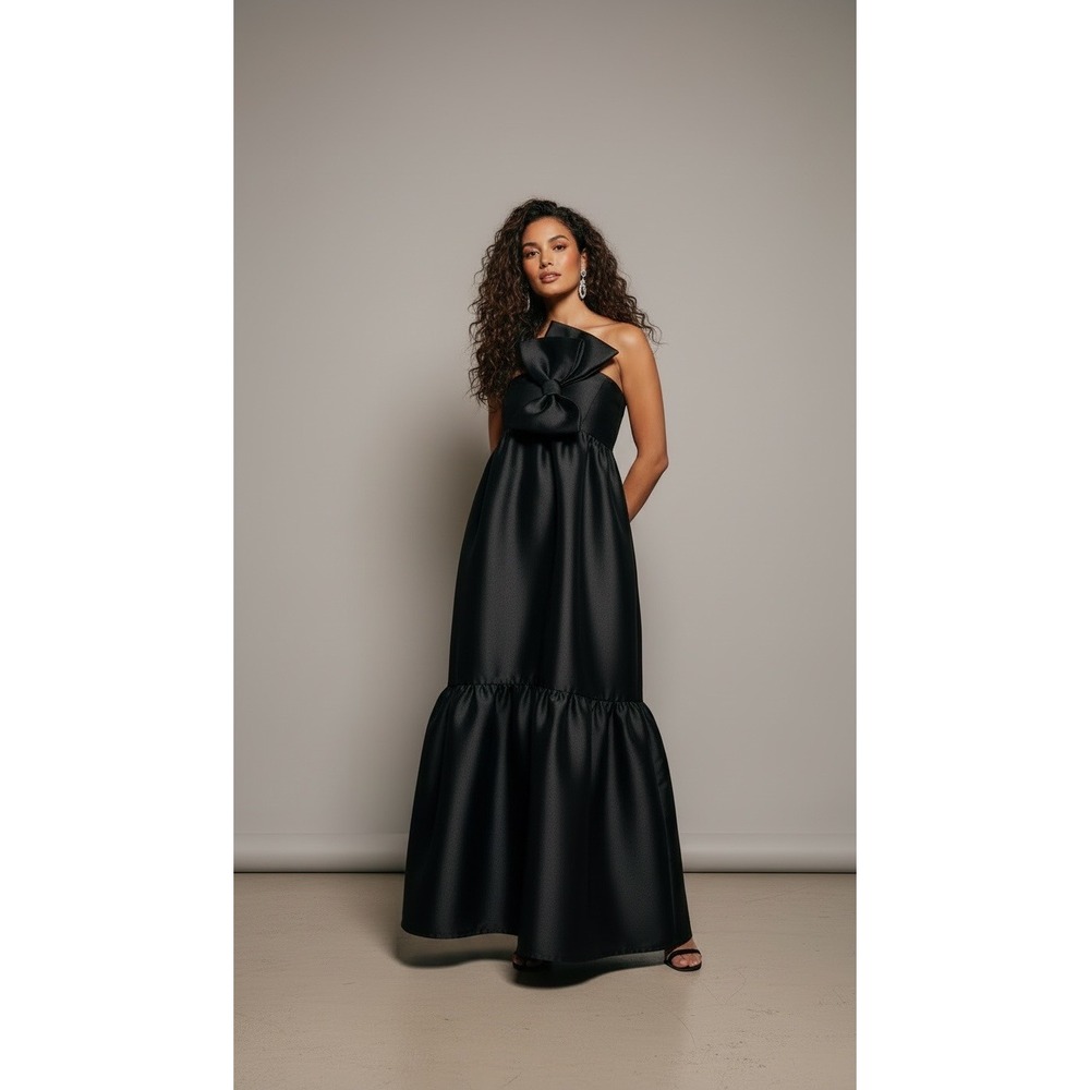 Petal & Pup Bettina Black One Shoulder Bow Maxi Dress Size M Bump Friendly - Picture 11 of 11